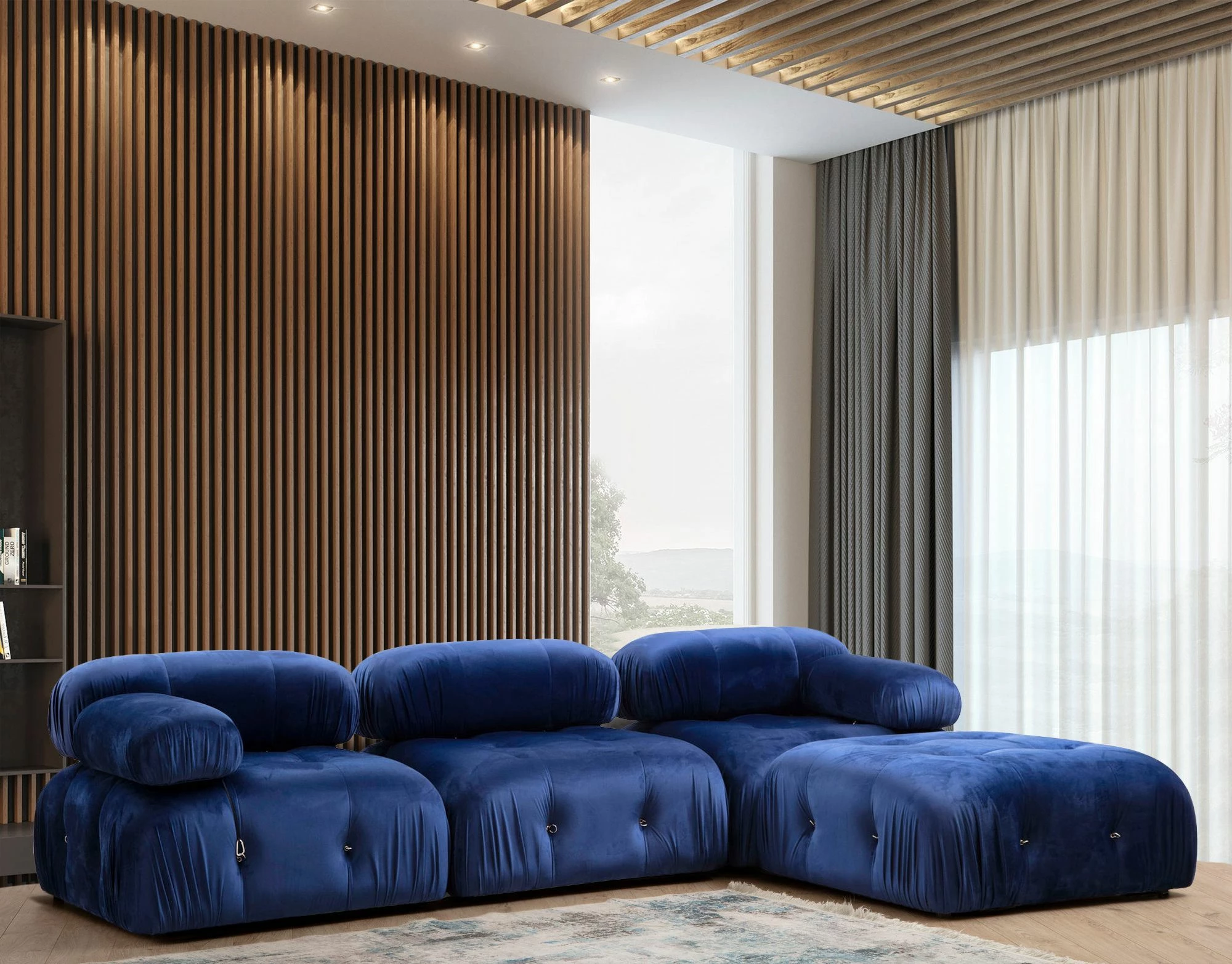 Këndore Atelier del Sofa, kadife blu, Bubble, L1-O1-1R-PUF