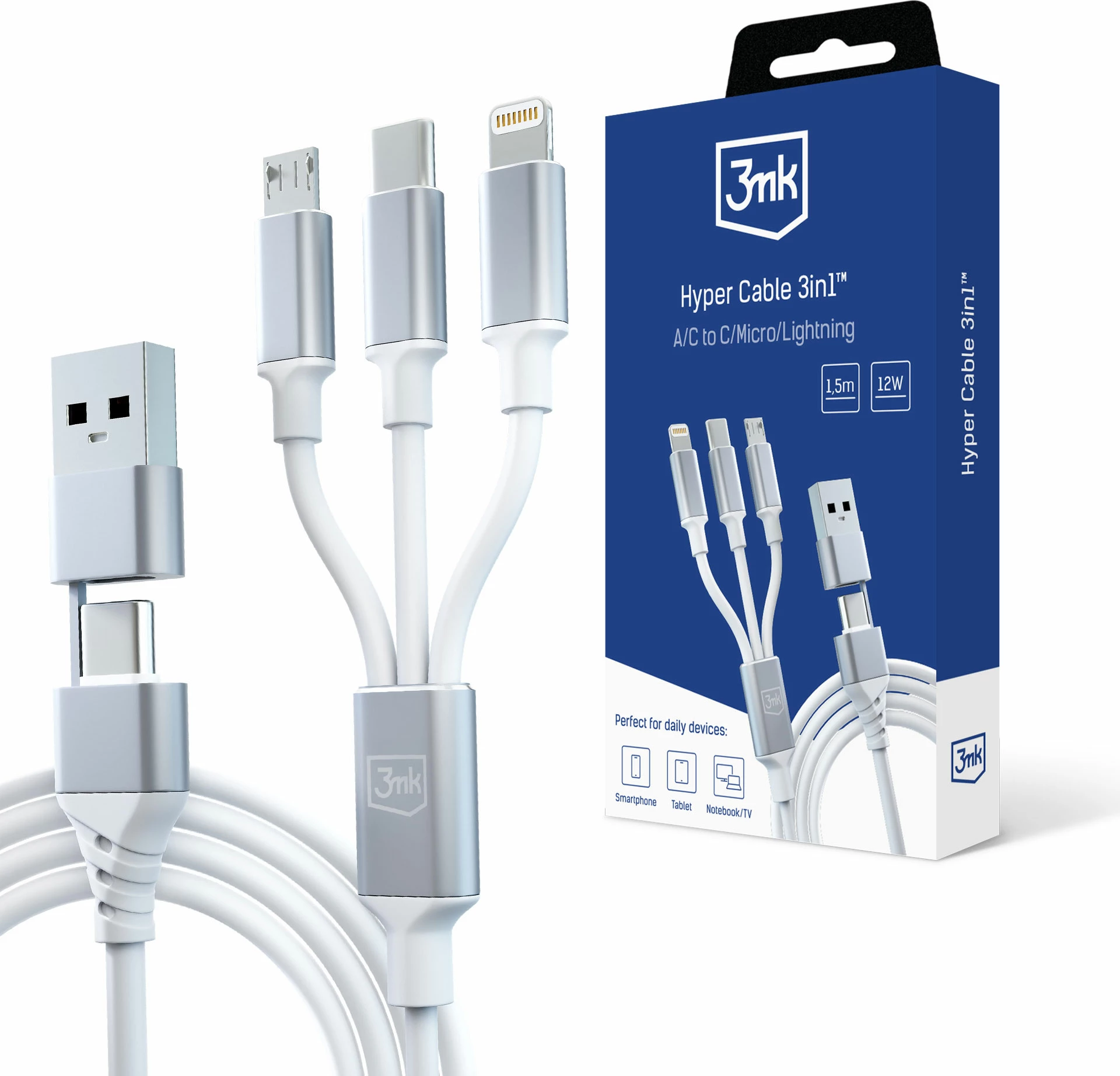 Kabllo 3in1 3mk Hyper Cable, 1.5m, USB-A në USB-C/Micro USB/Lightning, Bardhë