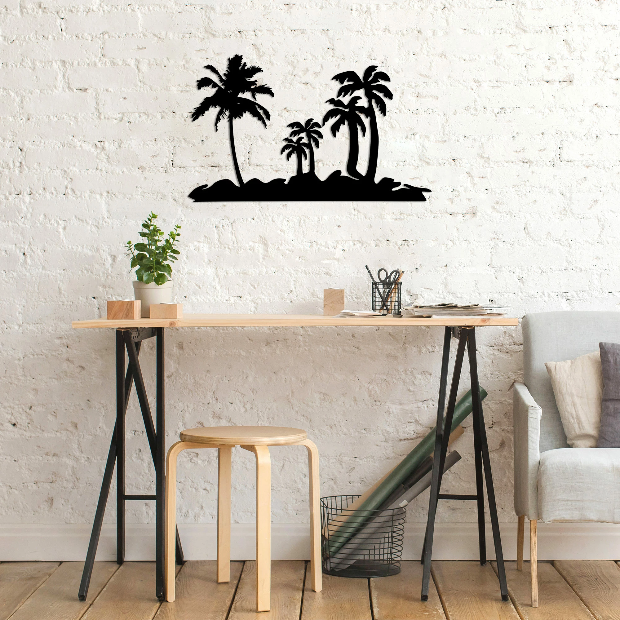 Aksesor dekorativ metalik për mur, palmë, Wallity, 70x42cm, ngjyrë e zezë
