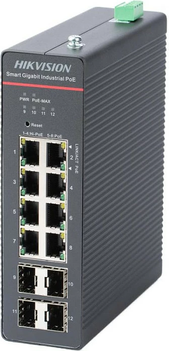 Switch Hikvision DS-3T1512HP-SI-8P4F, Smart Managed, 8x Gigabit PoE + 4x SFP, DIN rail, i zi