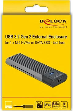 Kasë eksternë SSD DeLOCK M.2 NVMe/SATA USB-C 10Gbps, USB 3.2 Gen 2, e zezë/gri