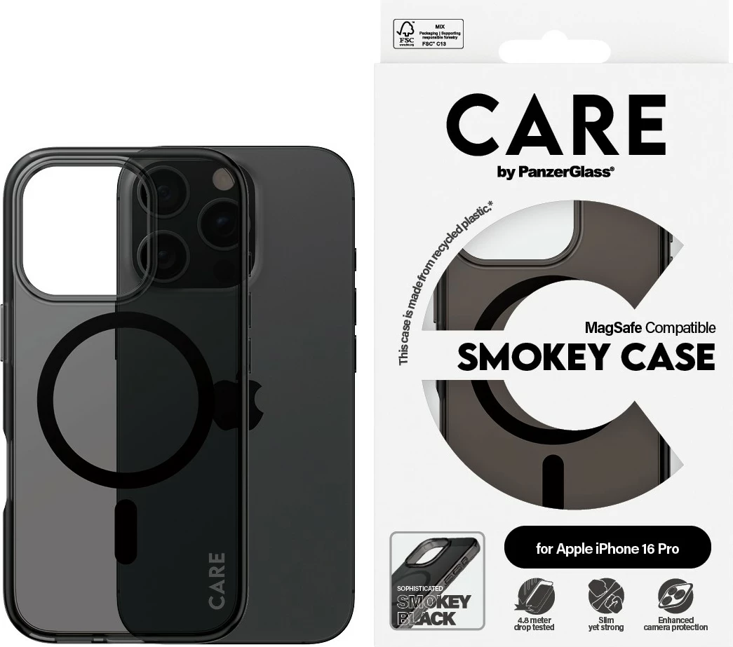 Mbështjellës PanzerGlass CARE Case Flagship Smokey MagSAFE për iPhone 16 Pro, zi