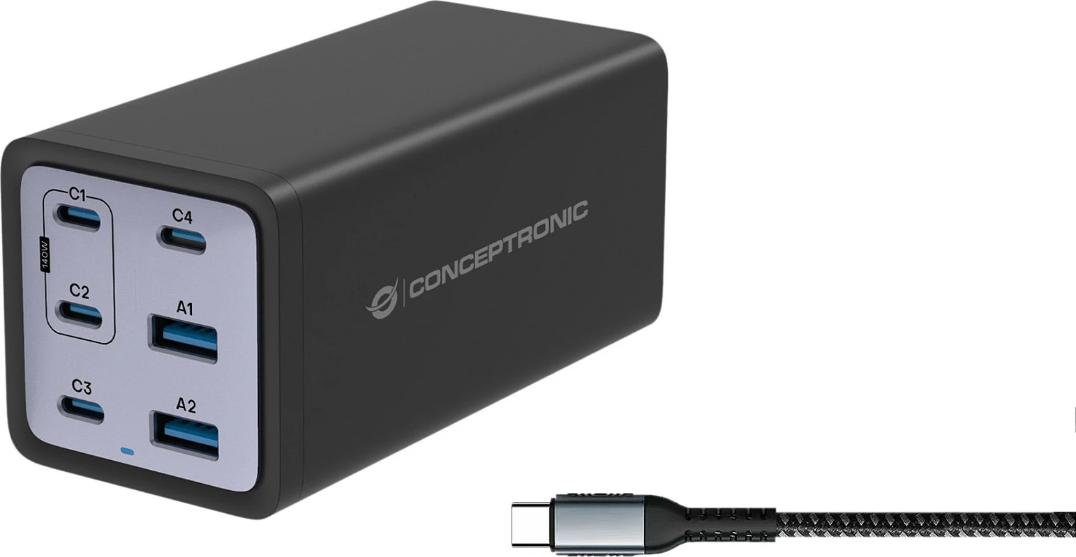 Karikues USB Conceptronic 6-Port 200W GaN PD 3.1, 4x USB-C 2x USB-A, me kabllo USB-C në USB-C, i zi