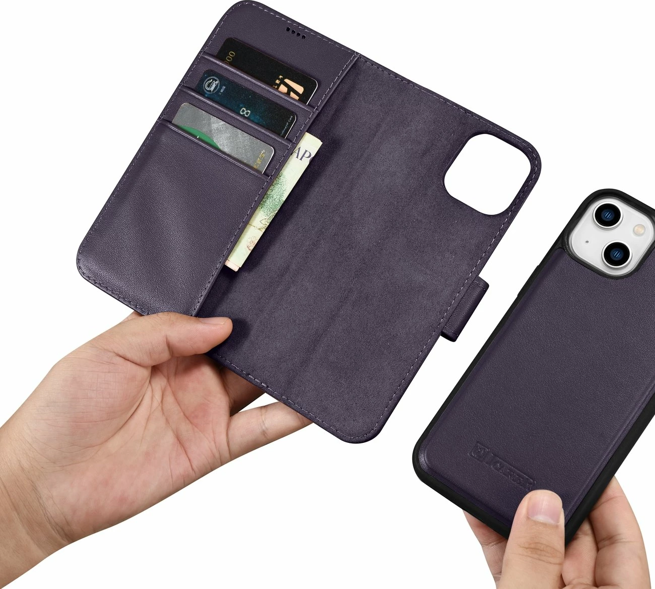 Mbështjellës iCarer Wallet Case 2in1 për iPhone 14 Plus, lëkurë natyrale, Anti-RFID, Vjollcë e errët