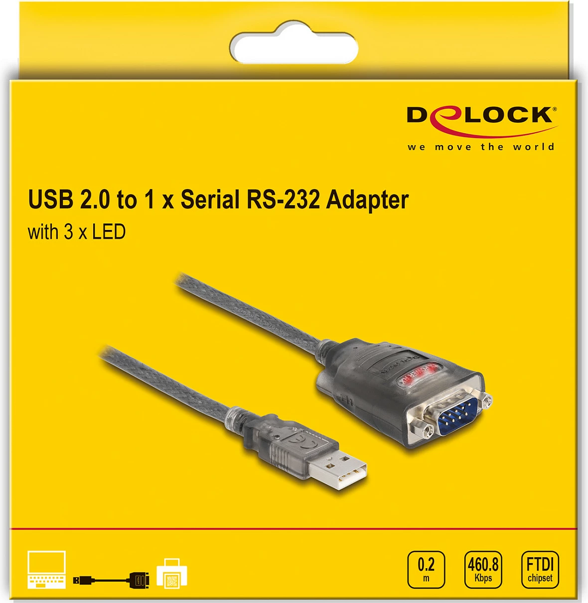 Adapter DeLOCK USB-A në Serial RS-232 DB9, 0.25m, FTDI FT231XS, i zi/transparent