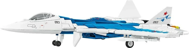 Set blloqe ndërtimi, Cobi, COBI-5909 SU-57 Felon 1:48, 928 copa, me figurë piloti dhe bazë ekspozimi, plastikë, kamuflazh blu-bardhë