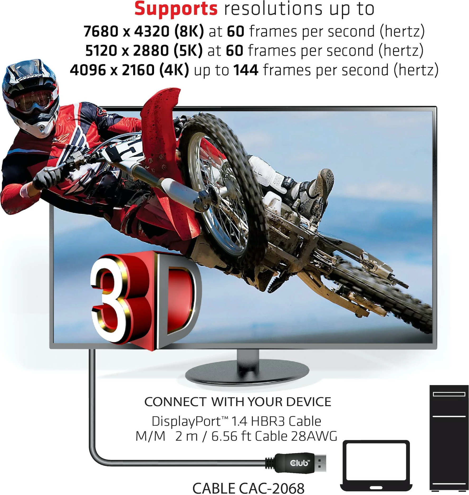 Kabllo DisplayPort Club3D 1.4 HBR3 2m 8K60Hz, e zezë