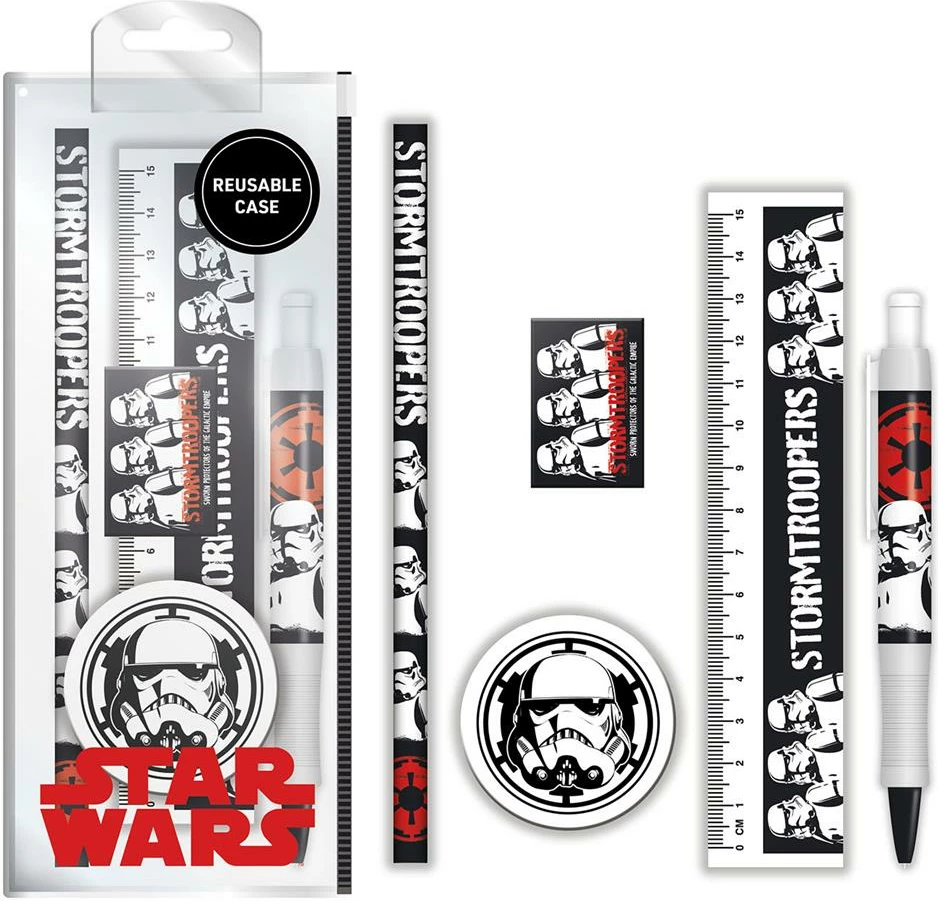 Set shkrimi Pyramid International Star Wars Stormtrooper, 6 pjesë (penar plastik, laps, stilolaps, gomë, mprehës, vizore 15 cm)