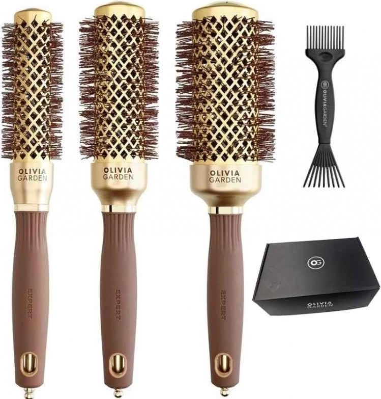 Set furçash për stilim dhe tharje flokësh Olivia Garden Expert Blowout Shine për femra, gold/brown, 4 copë