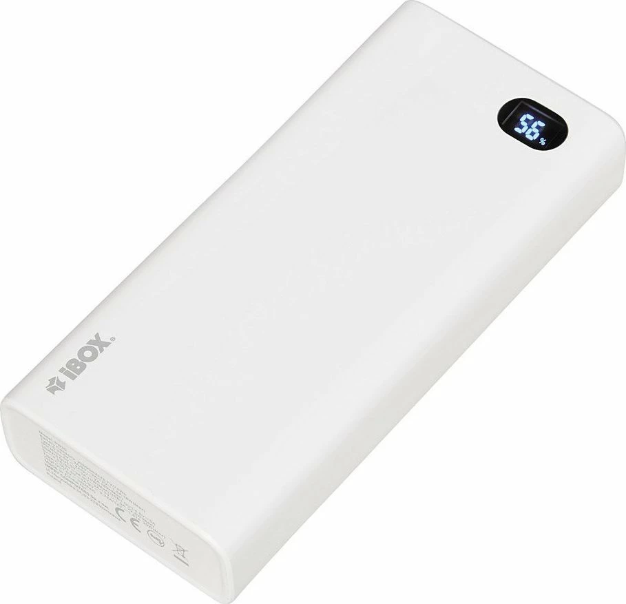 Powerbank iBOX PB20 20000mAh, 22.5W, QC 3.0/PD, me display, 2x USB-A + 1x USB-C, i bardhë, me kabllo USB-C