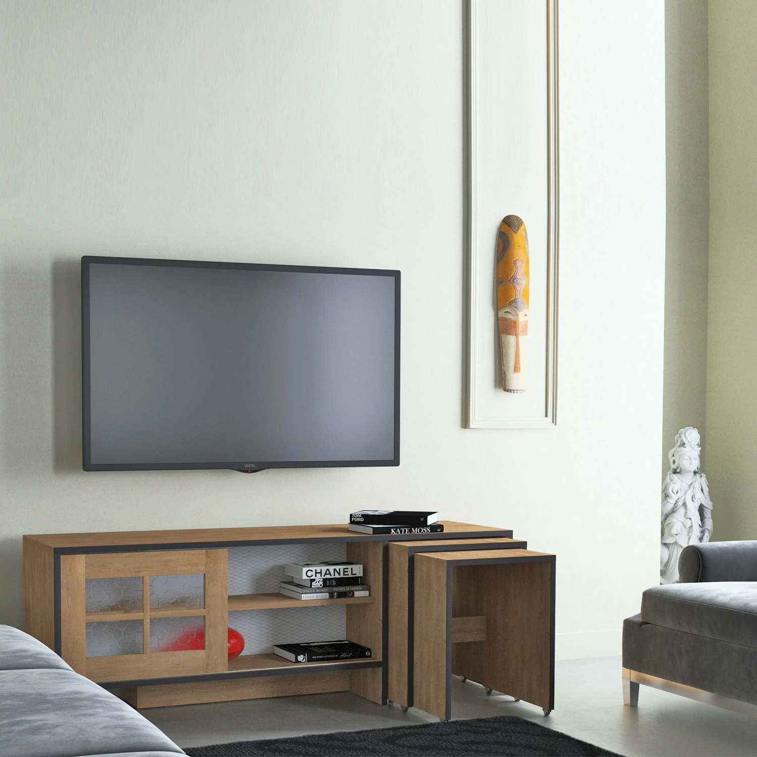 Komodinë për TV Hanah Home Revival, ngjyrë lisi, me tavolina ndihmëse