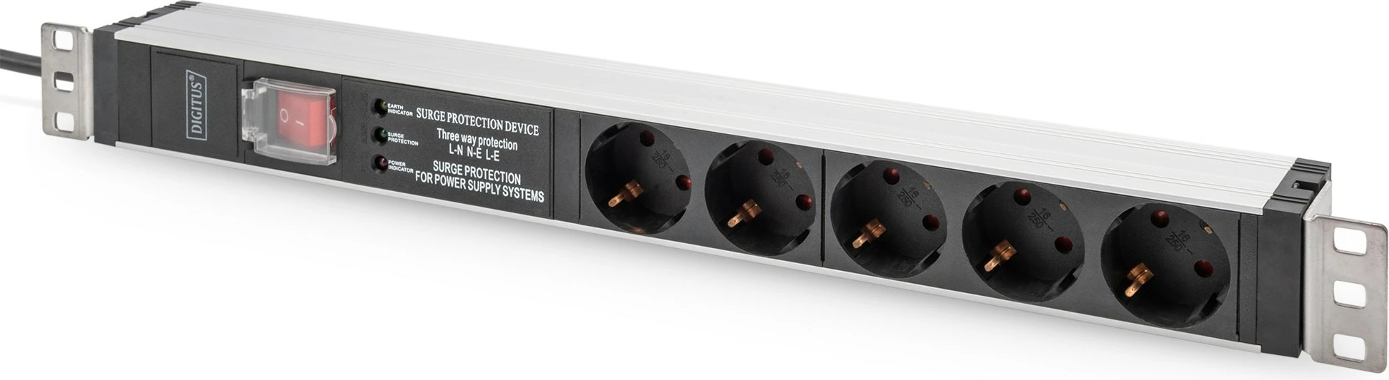 Prizë rack Digitus PDU 1U, 5 dalje, 16A, 230V, mbrojtje nga mbingarkesa, alumini