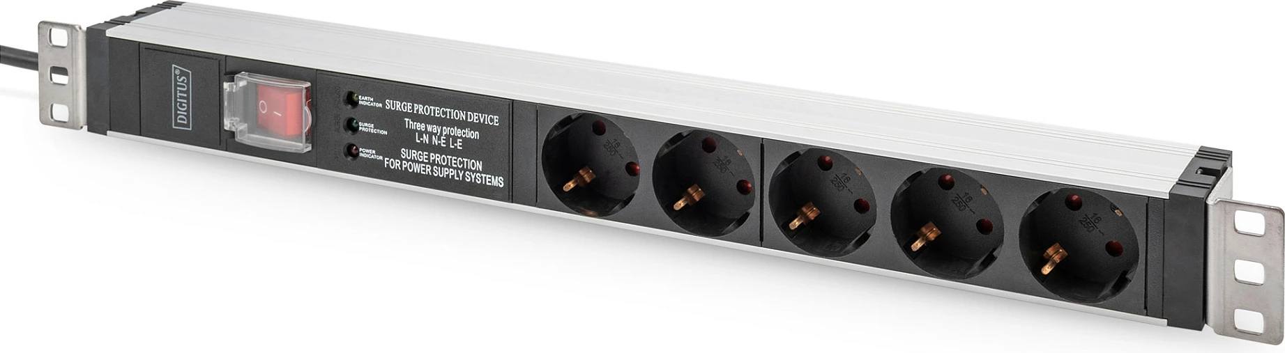 Prizë rack Digitus PDU 1U, 5 dalje, 16A, 230V, mbrojtje nga mbingarkesa, alumini