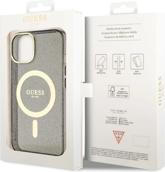 Mbështjellës Guess Glitter Gold MagSafe për iPhone 14, i zi