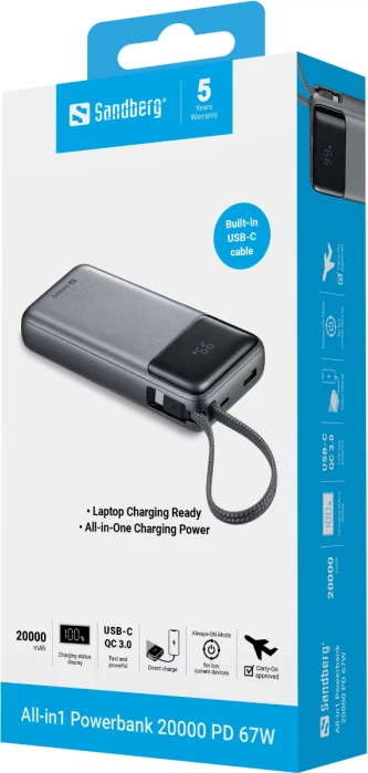 Powerbank Sandberg All-in1 20000mAh PD 67W me kabllo USB-C të integruar, gri