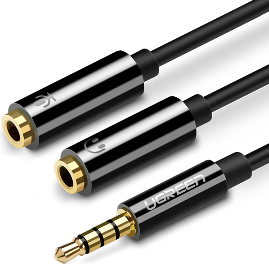 Kabllo ndarëse audio Ugreen AV141, 3.5 mm mini jack mashkull në 2 x 3.5 mm mini jack femër (mikrofon + audio), e zezë