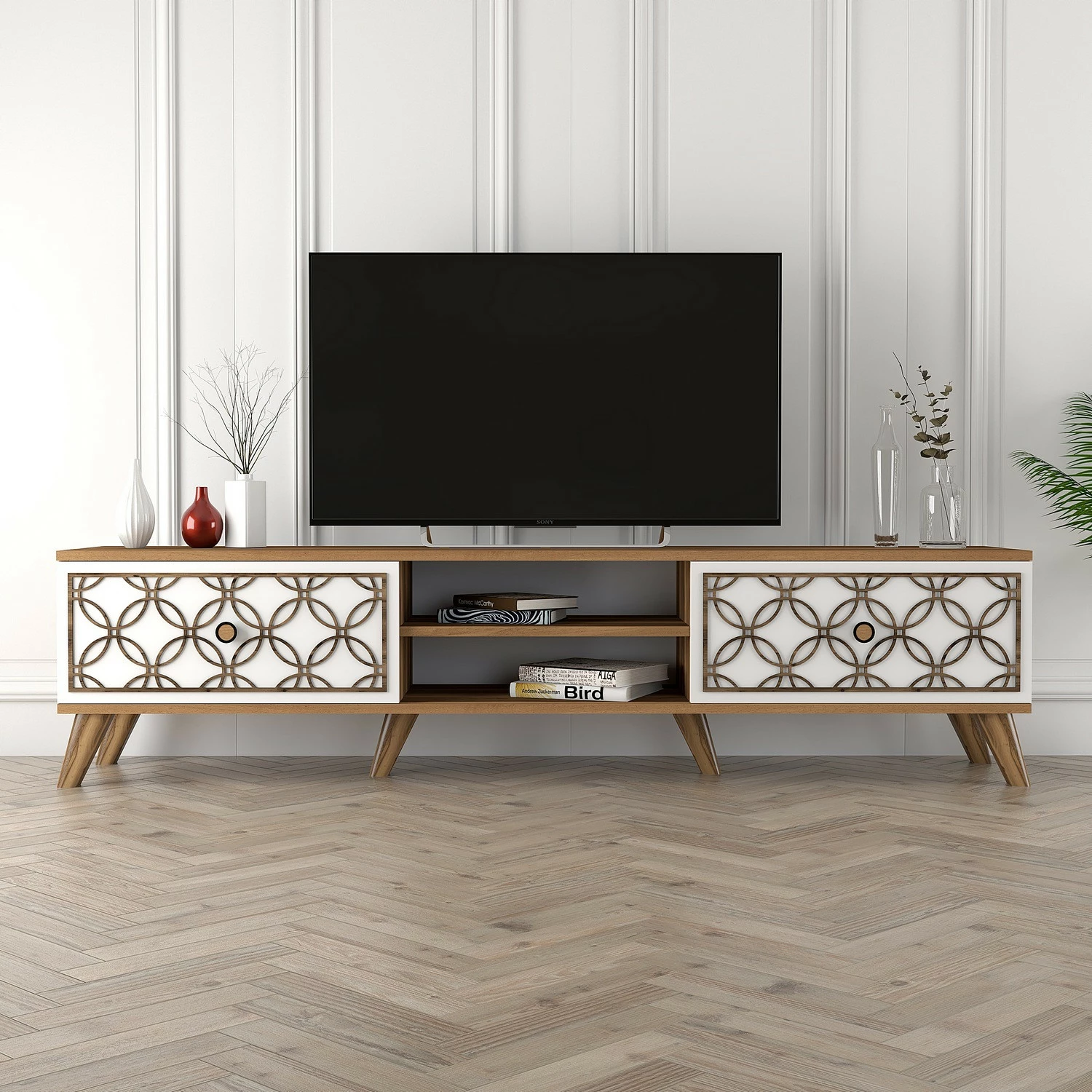 Komodë TV Hanah Home, Class, ngjyrë arre dhe e bardhë