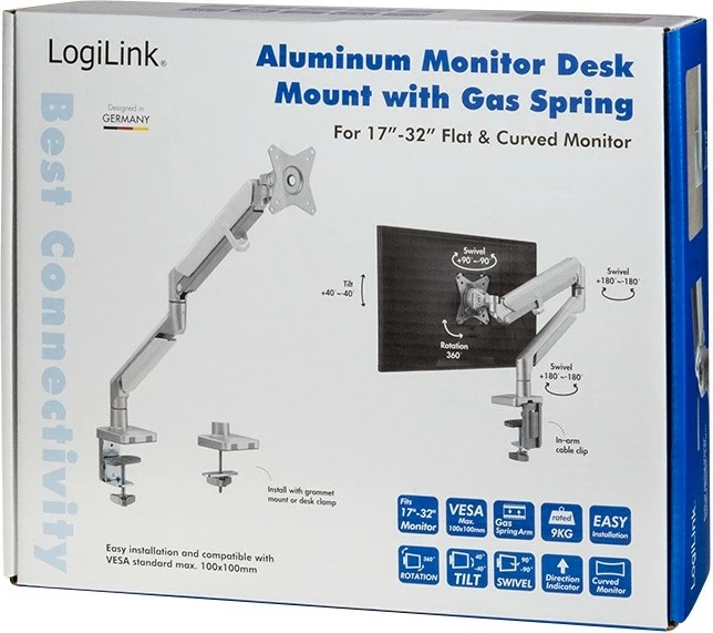 Mbajtëse monitori LogiLink BP0086, për tavolinë, 17-32 inç, 9 kg, argjendtë