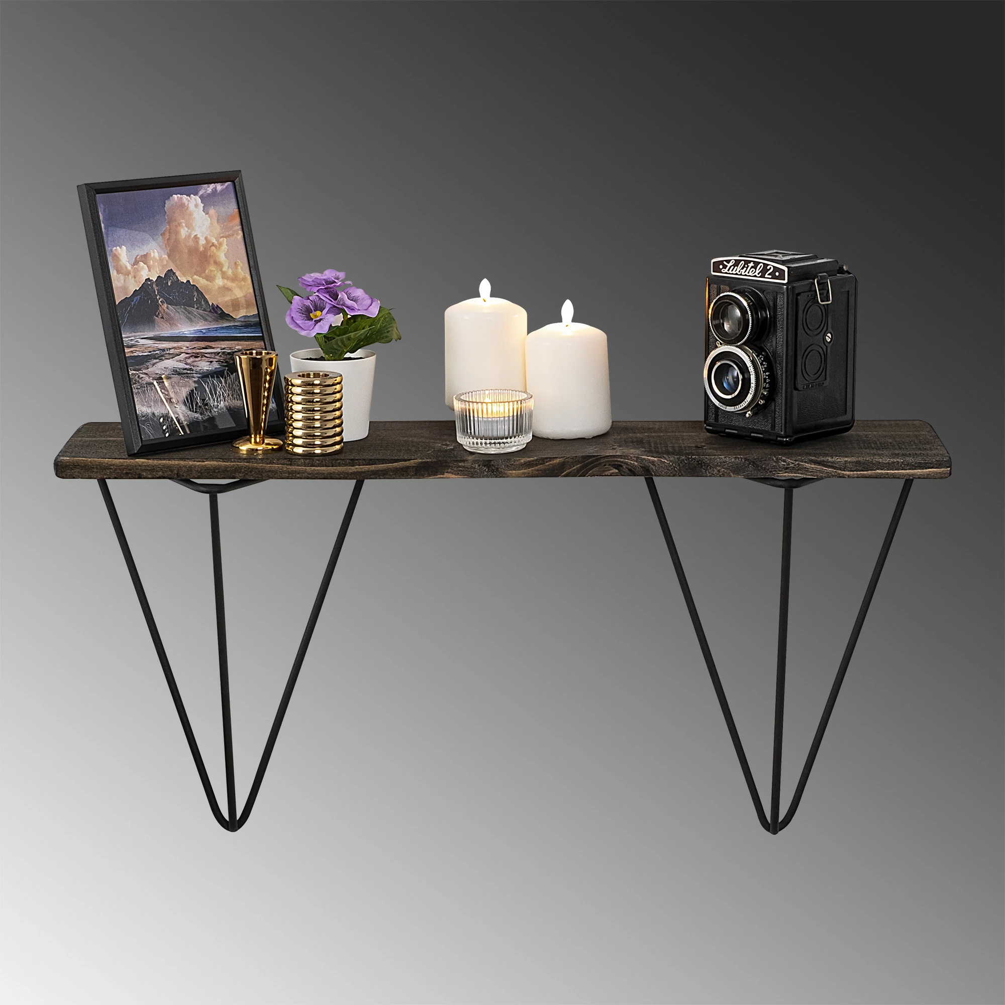 Raft muri industrial, dru bredhi, kornizë metalike, ngjyrë e zezë dhe arre e errët, Gladiolus, 60x30x15cm