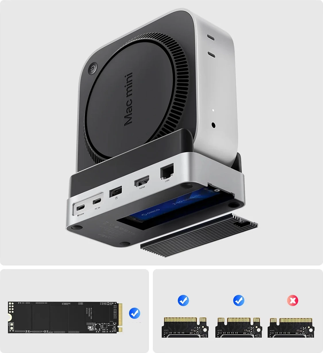 Stacion dokimi 10-në-1, Orico MiniDock, me slot M.2 deri 8 TB, HDMI 4K@60Hz, USB-C PD 100W, për Mac mini 2024, argjend