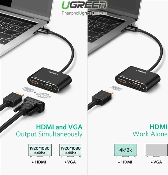 Adapter USB-C në HDMI + VGA me PD, UGREEN 50505, 4K@30Hz, 1080p@60Hz, kabllo 25 cm, gri, me kuti