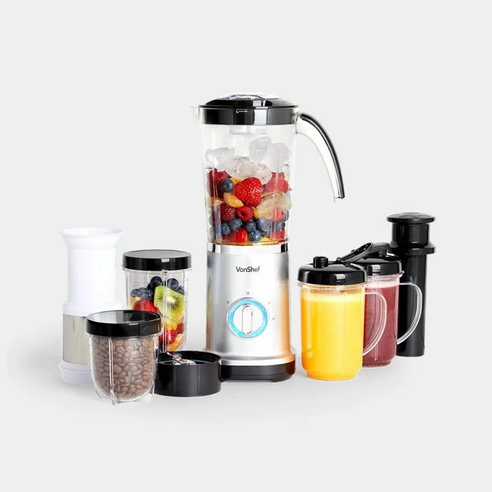 Blender multifunksional 4-në-1 VonShef 2013124, enë 1L + gota 500ml/300ml, argjendtë/zi, set