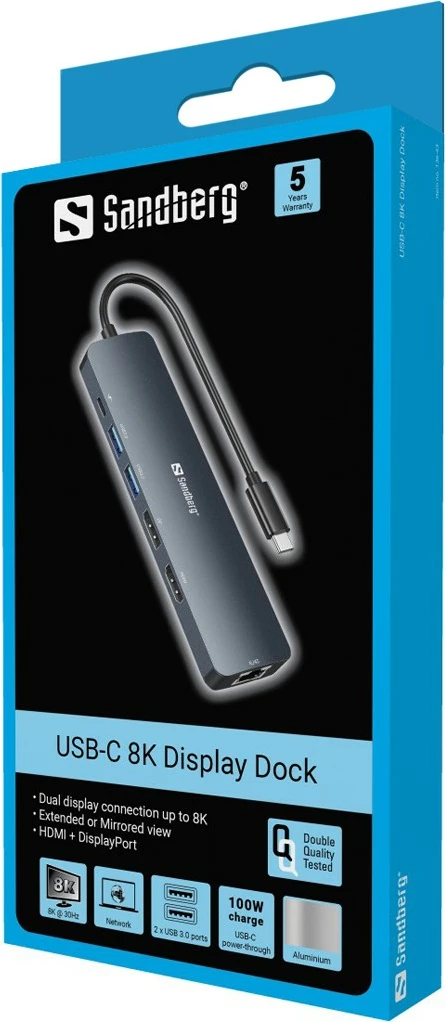 Dock USB-C Sandberg, 8K, 100 W, Gri
