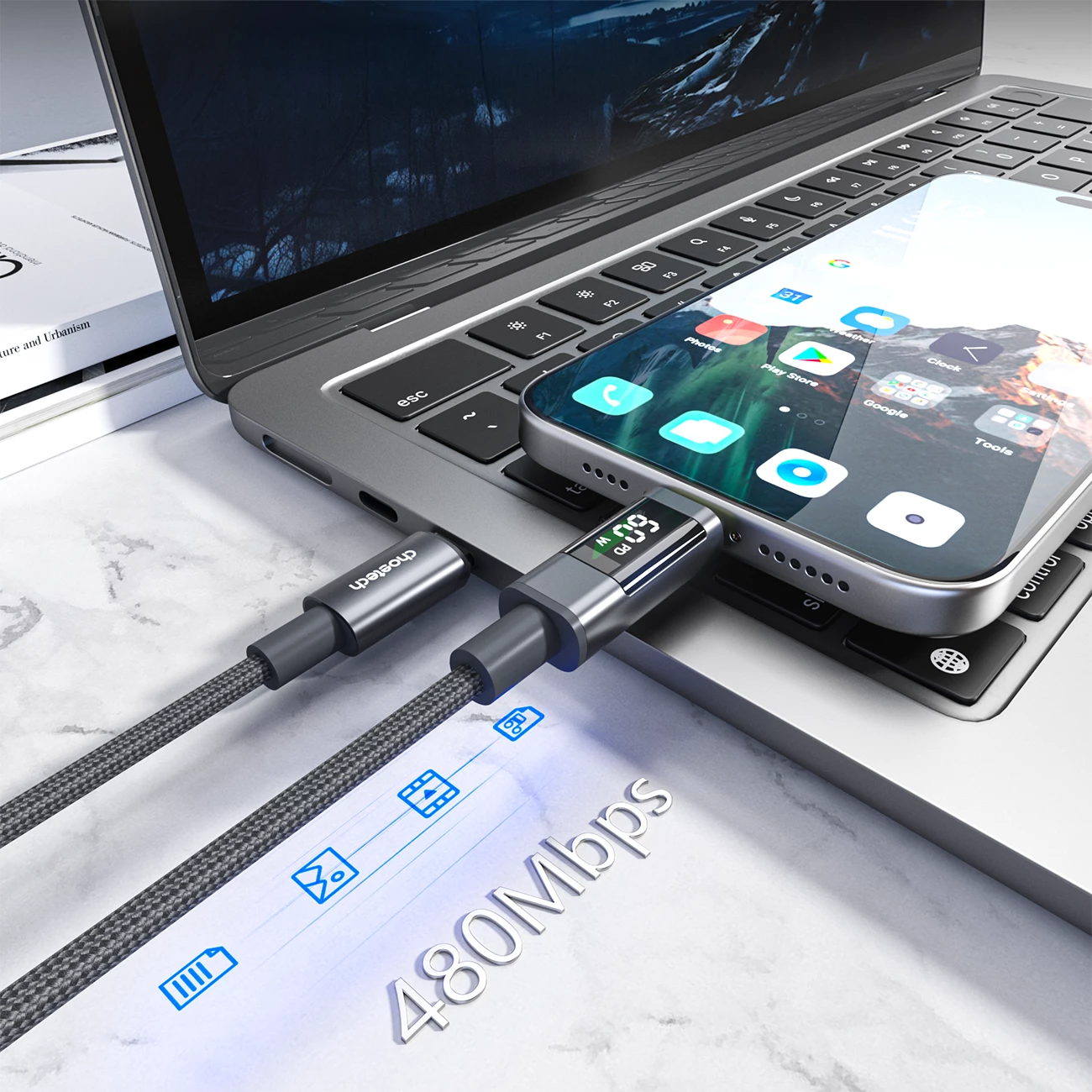 Kabllo USB-C në USB-C Choetech XCC-1068 PD 60W 1.2 m me display, e zezë