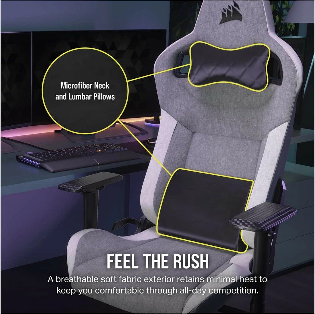 Karrige gaming Corsair T3 RUSH (2023), 4D armrest, mesh, deri 120 kg, Gri/Bardhë