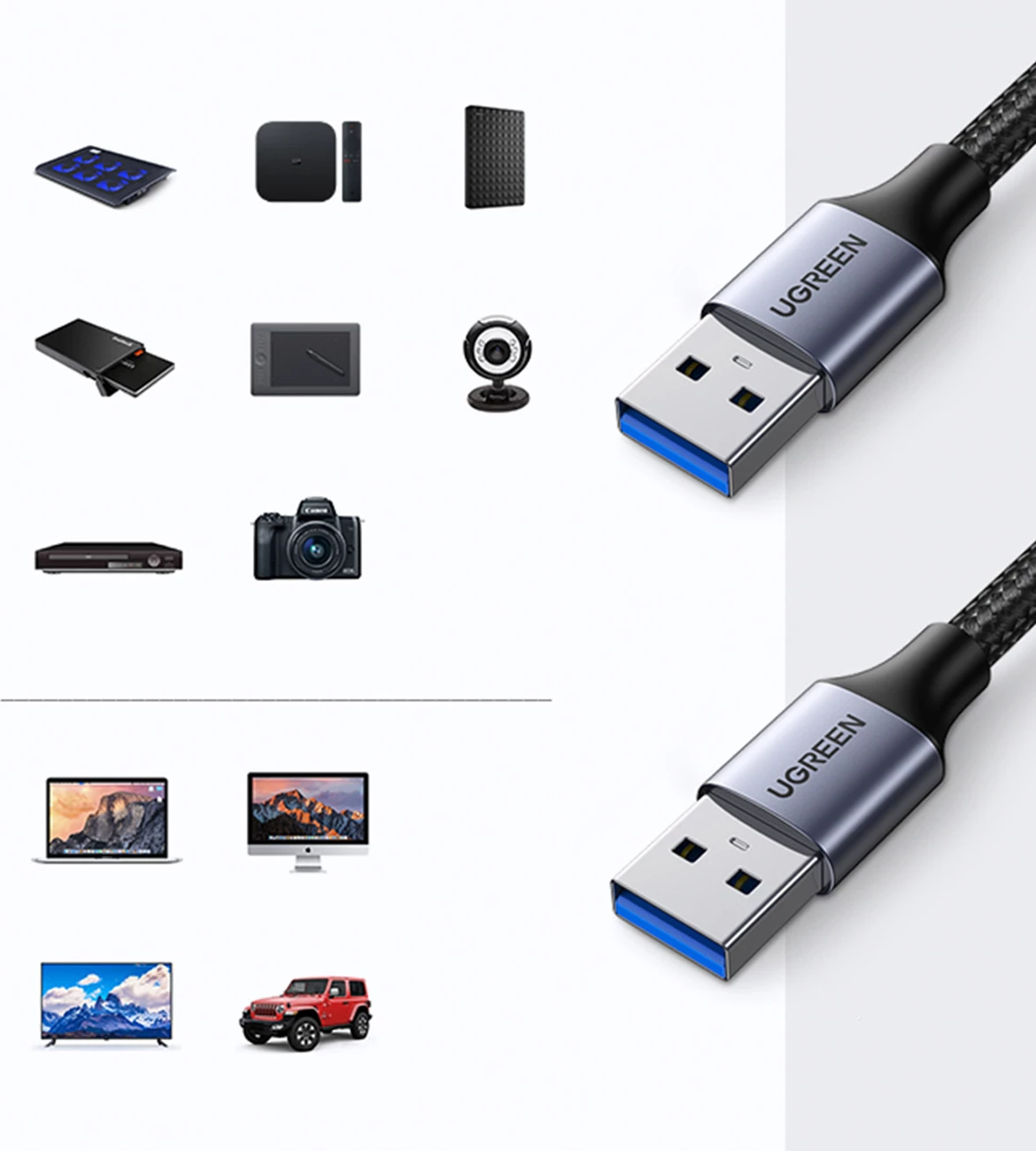 Kabllo USB Ugreen US373, 2m, USB 3.0, Gri