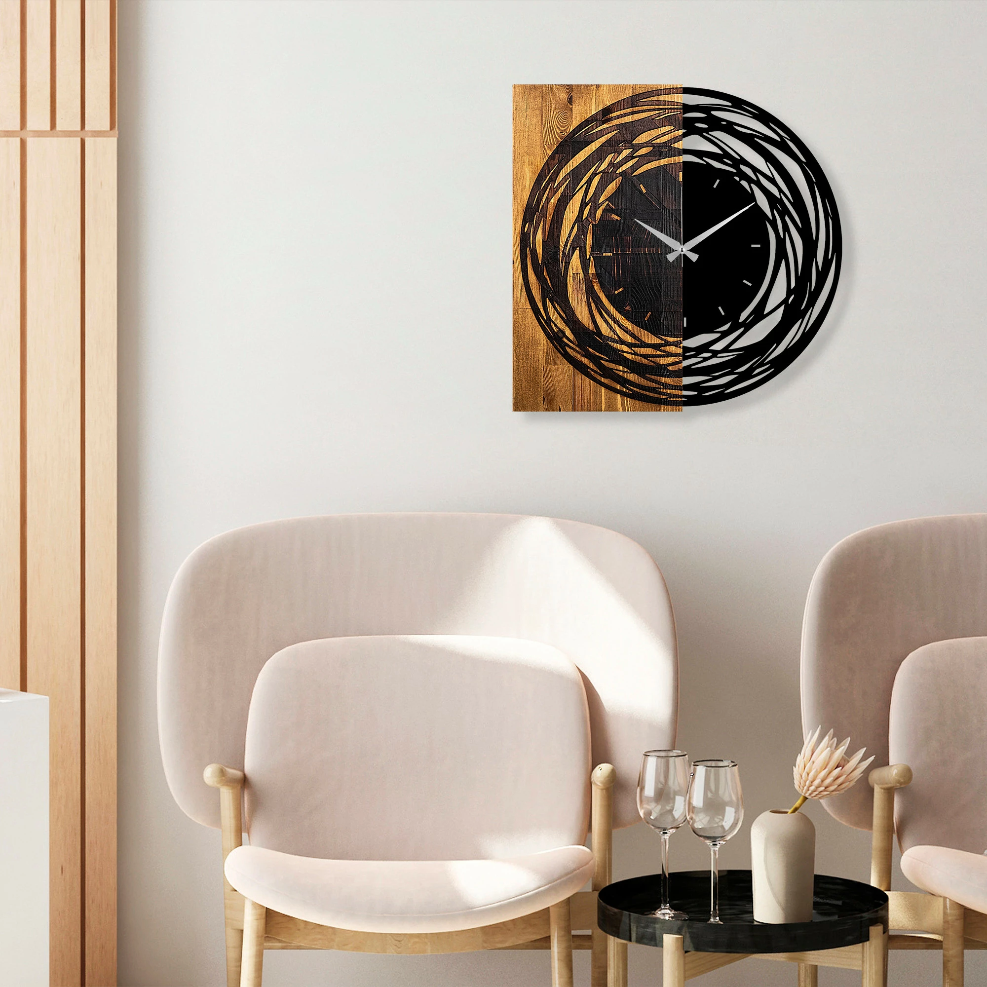 Orë muri dekorative prej druri Wallity, ngjyrë arrë e çelët dhe e zezë, 58x3x58cm