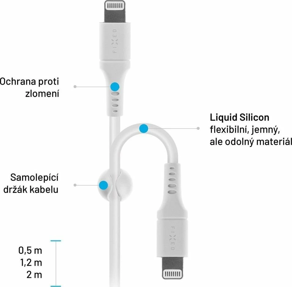 Kabllo USB-C në Lightning Fixed FIXDLS-CL12-WH 1.2m PD 60W MFi, e bardhë, me organizer dhe rrip Velcro