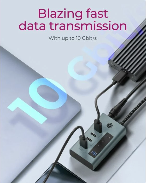 USB-C hub ICYBOX IB-HUB1454-C31, 4 porta, USB 3.2 Gen 2 10 Gbit/s, USB-C PD 20W, kabllo 60 cm, kasë alumini, gri/kaltër