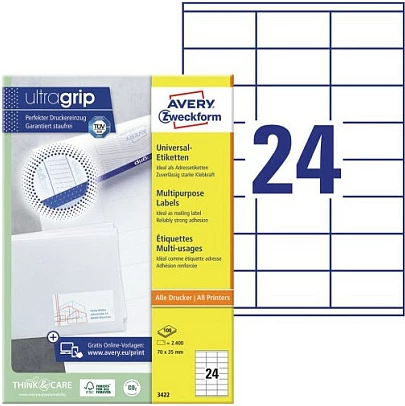 Etiketa ngjitëse AVERY Zweckform 3422, A4, 70x35 mm, 24 etiketa/fletë, 100 fletë, të bardha