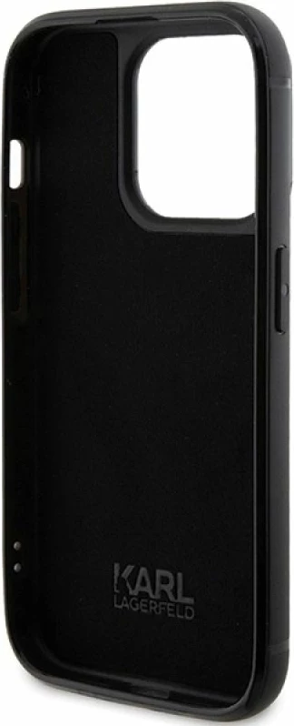 Mbrojtëse telefoni Karl Lagerfeld Rhinestone Logo Metal Plate për iPhone 15 Pro, e zezë