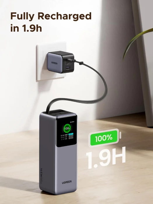 Powerbank UGREEN 55987B 20000mAh 165W me ekran TFT dhe kabllo USB-C të integrume, gri