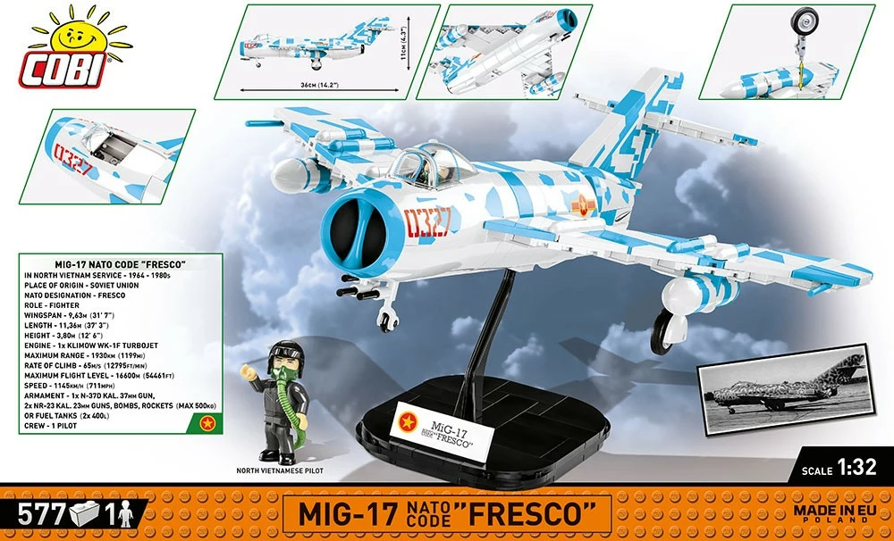 Set ndërtimi Cobi Klocki MiG-17 Fresco, Historical Collection, 577 pjesë, me figurë piloti, Kamuflazh blu-bardhë
