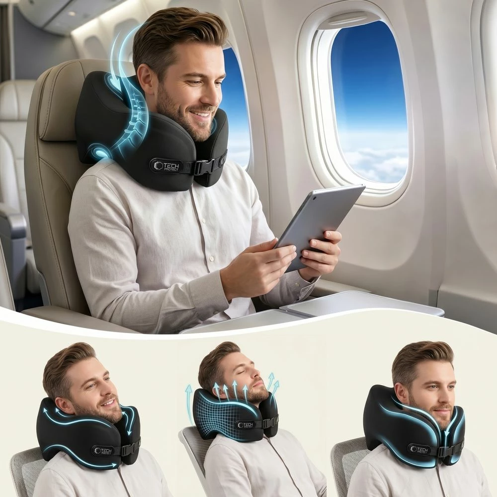 Jastëk udhëtimi për qafë Tech-Protect ComfortRest me memory foam, set 3 pjesë, i zi