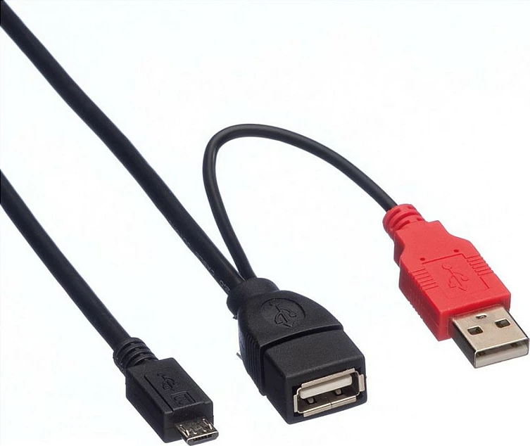 Kabllo USB ROLINE USB 2.0 Y, 2x USB-A (mashkull + femër) në Micro-USB B, 1 m, e zezë