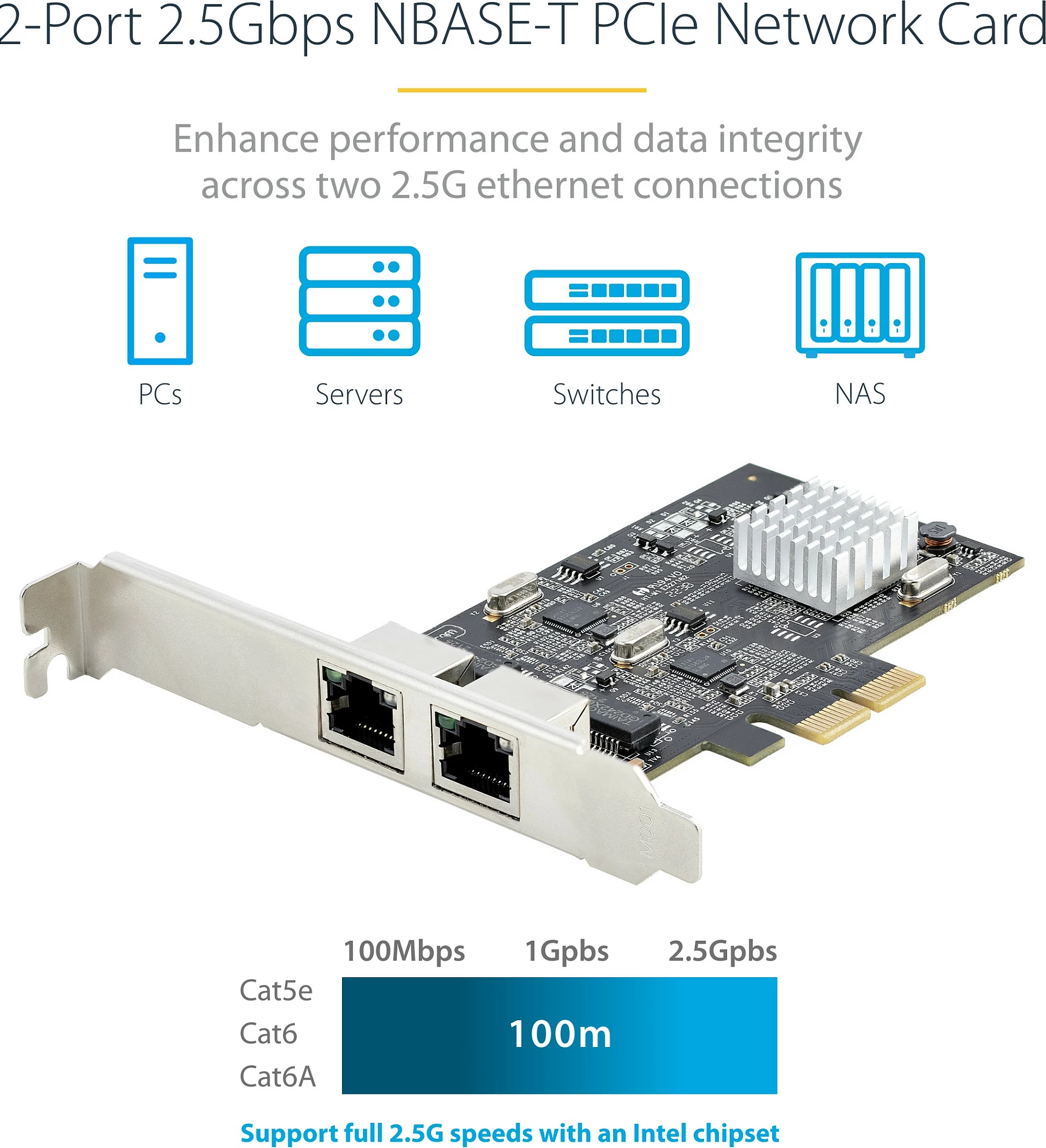 Kartelë rrjeti PCIe StarTech 2-Port 2.5Gbps, Intel I225-V, NBASE-T, 2x RJ-45, e zezë