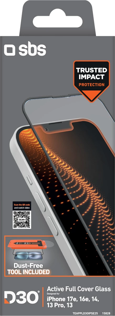 Xham mbrojtës i kalitur SBS D3O për iPhone 13/13 Pro/14/16e/17e, set me aplikator