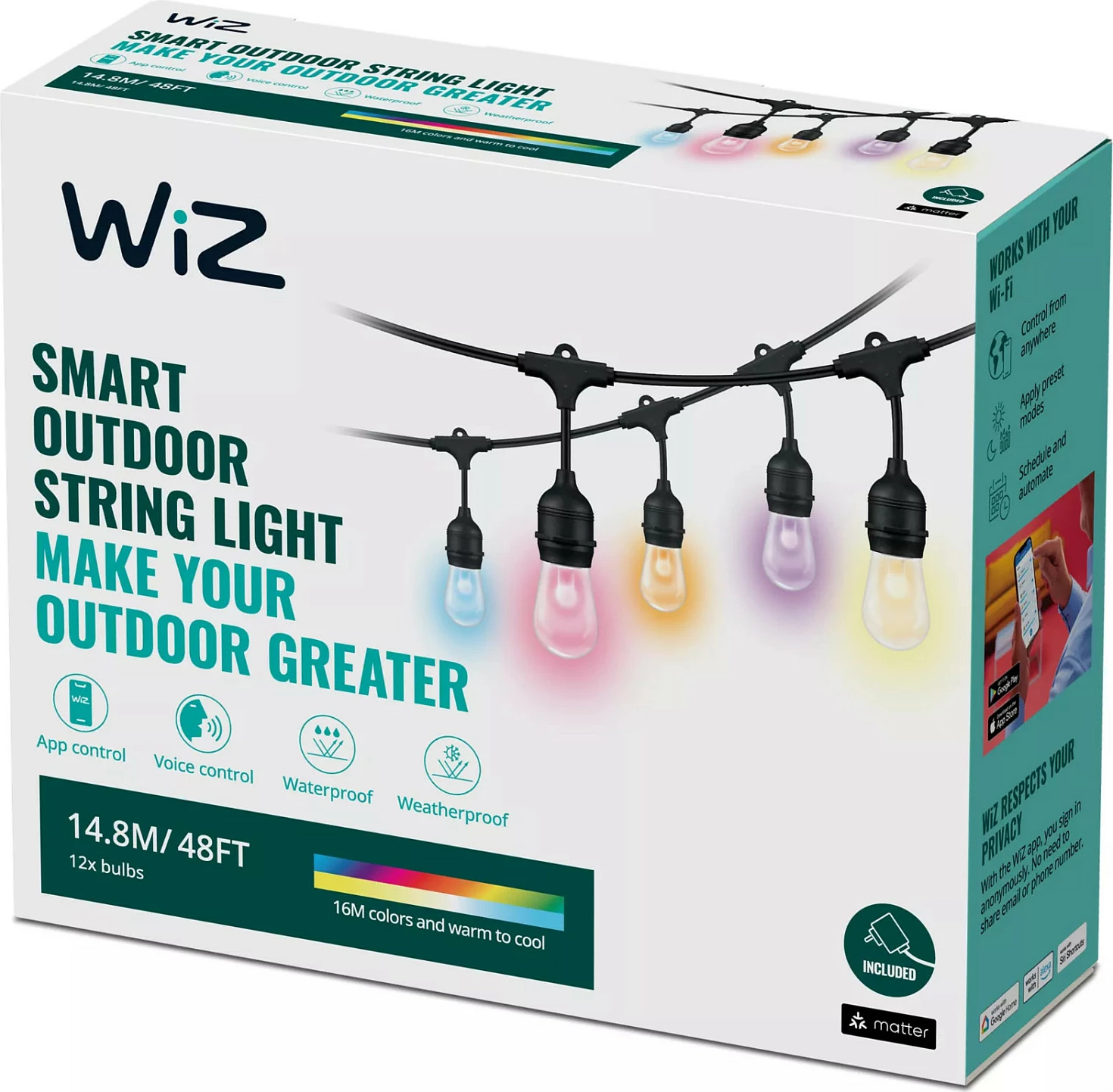 Drita me varg WiZ String Lights, smart, Wi-Fi/Bluetooth, LED shumëngjyrëshe, e zezë