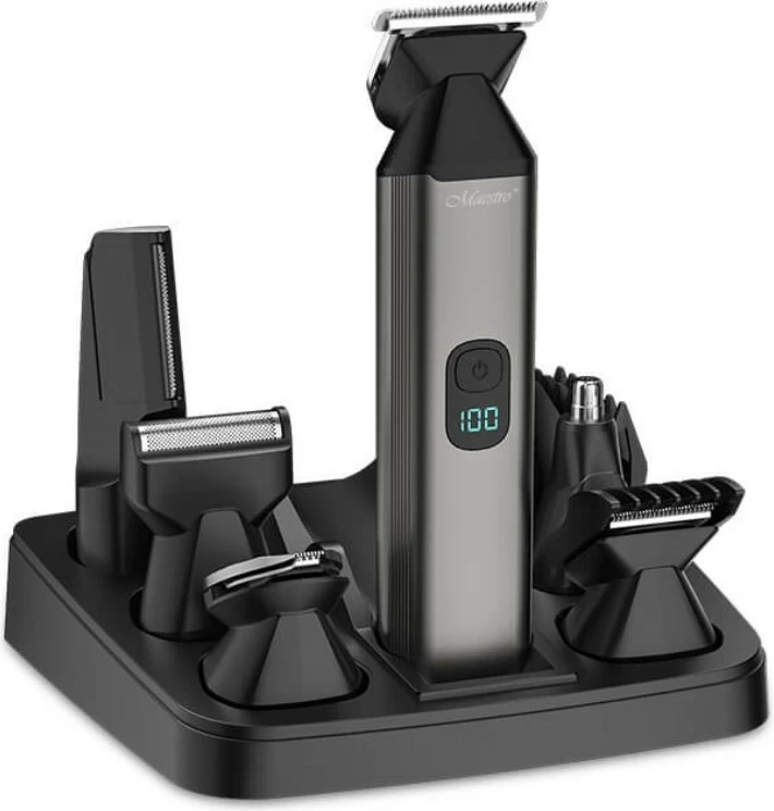 Set trimmer 6-në-1 Feel-Maestro MR-661, bateri 100 min, karikim USB-C, tehe çelik inoksi, wet & dry, e zezë/gri