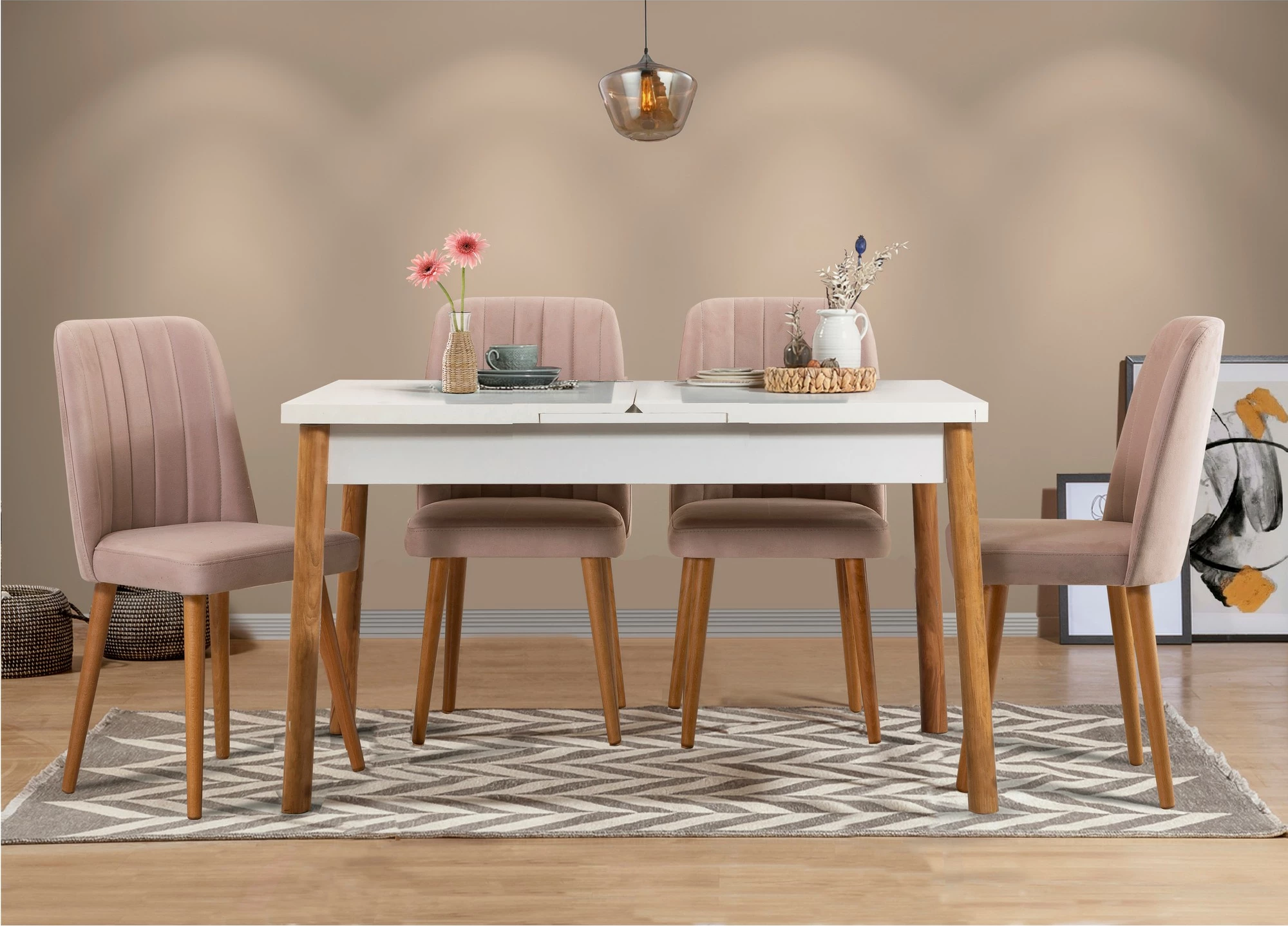 Set tavoline me karrige, e zgjatshme, 5 pjesë, Skye Decor, ngjyrë gur i bardhë Santiago