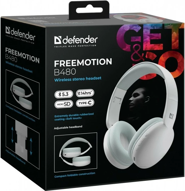 Kufje pa tela, Defender FreeMotion B480 (63481), Bluetooth 5.3, mikrofon, microSD/AUX, 14 orë, të bardha