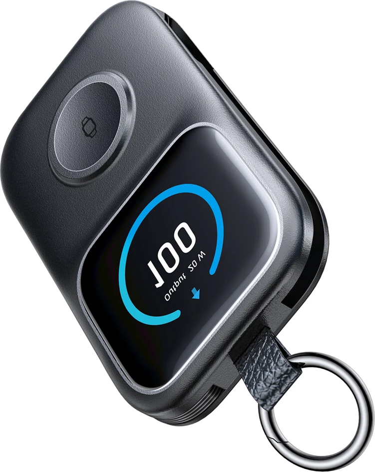 Powerbank Joyroom JR-W19 5000mAh, karikim pa tela 5W për orë, kabllo USB-C/Lightning të integruara, ekran digjital, i zi