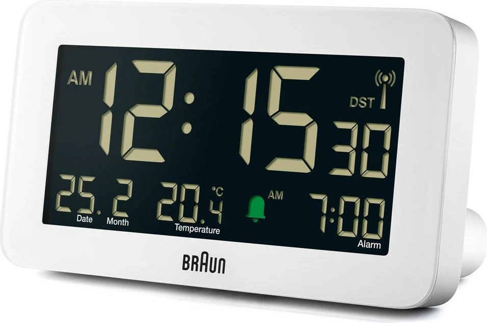 Alarm digjital Braun BC10, ekran LCD, termometër, orar 12/24h, bardhë