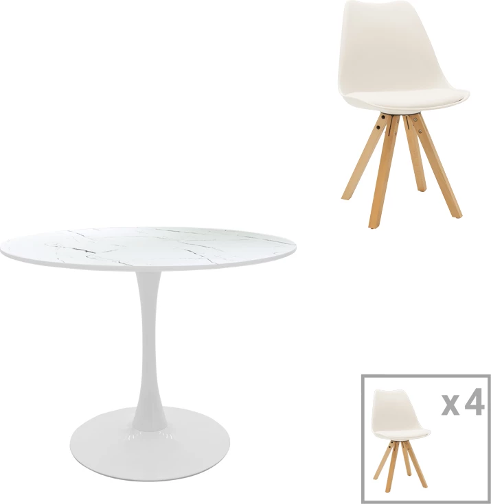 Set tavoline me karrige Balou I-Caron, 5 copë, MDF dhe PP, ngjyrë bardhë-natyrale, Φ120x75cm