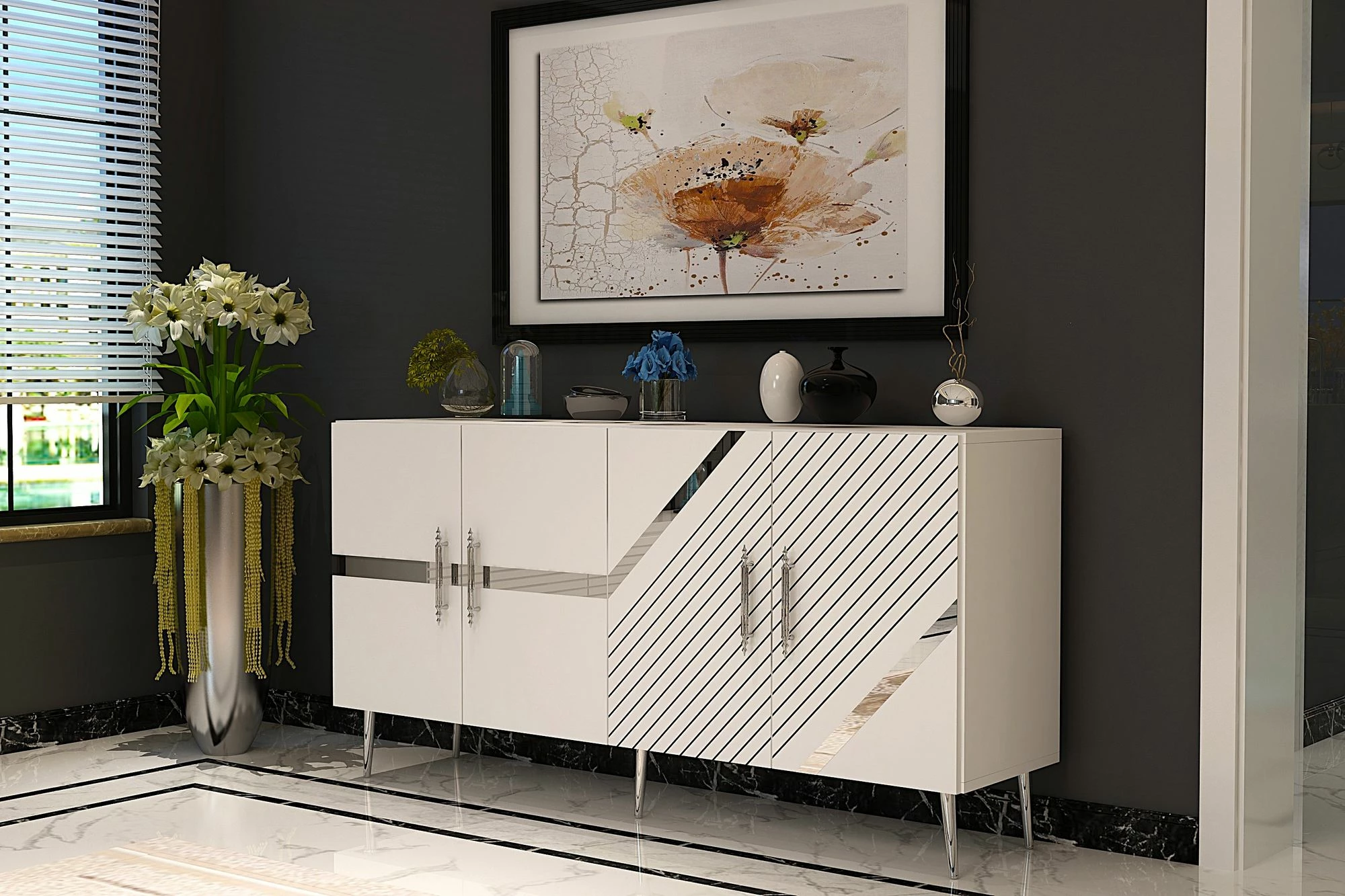 Konsol Skye Decor, Fuga KB150, e bardhë, argjend