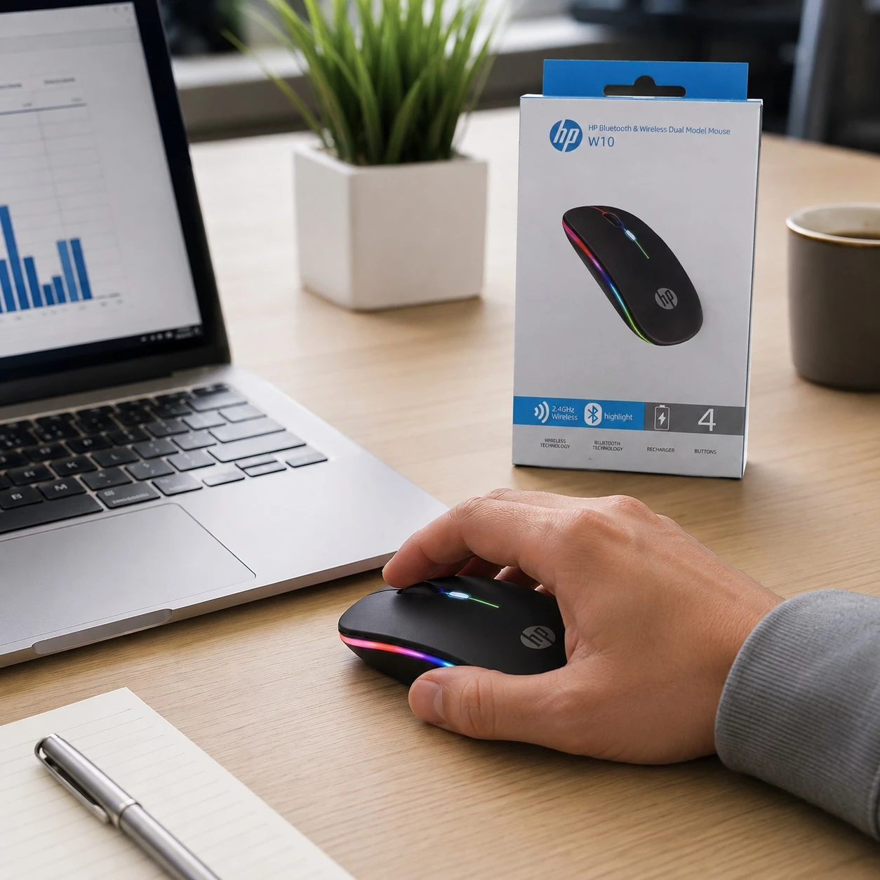 Maus Wireless HP W10 Dual-Mode Bluetooth/2.4 GHz, RGB, 1600 DPI me mbushje Type C